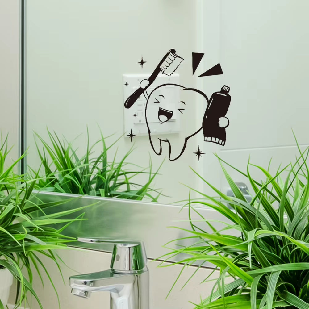 Cartoon Teeth Brushing Pattern Wall Sticker for Kids Bathroom Decoration Mural Self-Adhesive Home Decor Wash Table Mirror Decals